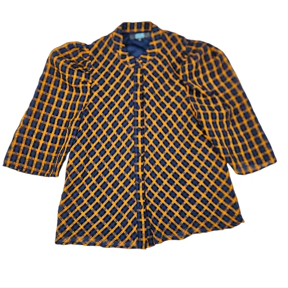 Eva Franco Anthropologie Textured Blue Yellow Plaid Blouse Size 2 Puff Sleeves - Picture 7 of 16